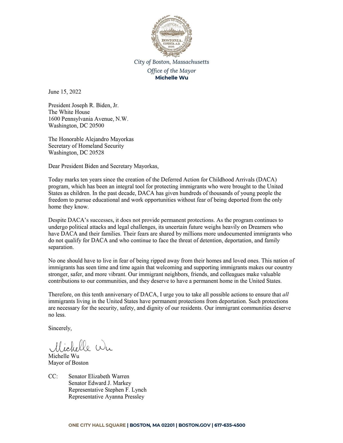 DACA 10year Anniversary Letter to the President Boston.gov